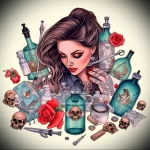 A dark and moody portrait tattoo featuring a woman surrounded by skulls, bottles, and roses, with a vintage aesthetic.