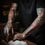 A close-up of a tattoo artist's hands working on a Japanese-style sleeve tattoo, featuring koi fish and floral elements, showcasing intricate detail and shading.