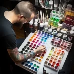 Photo of a tattoo artist working at a table covered in colorful ink palettes. Detailed view of the artist's workspace and tools.