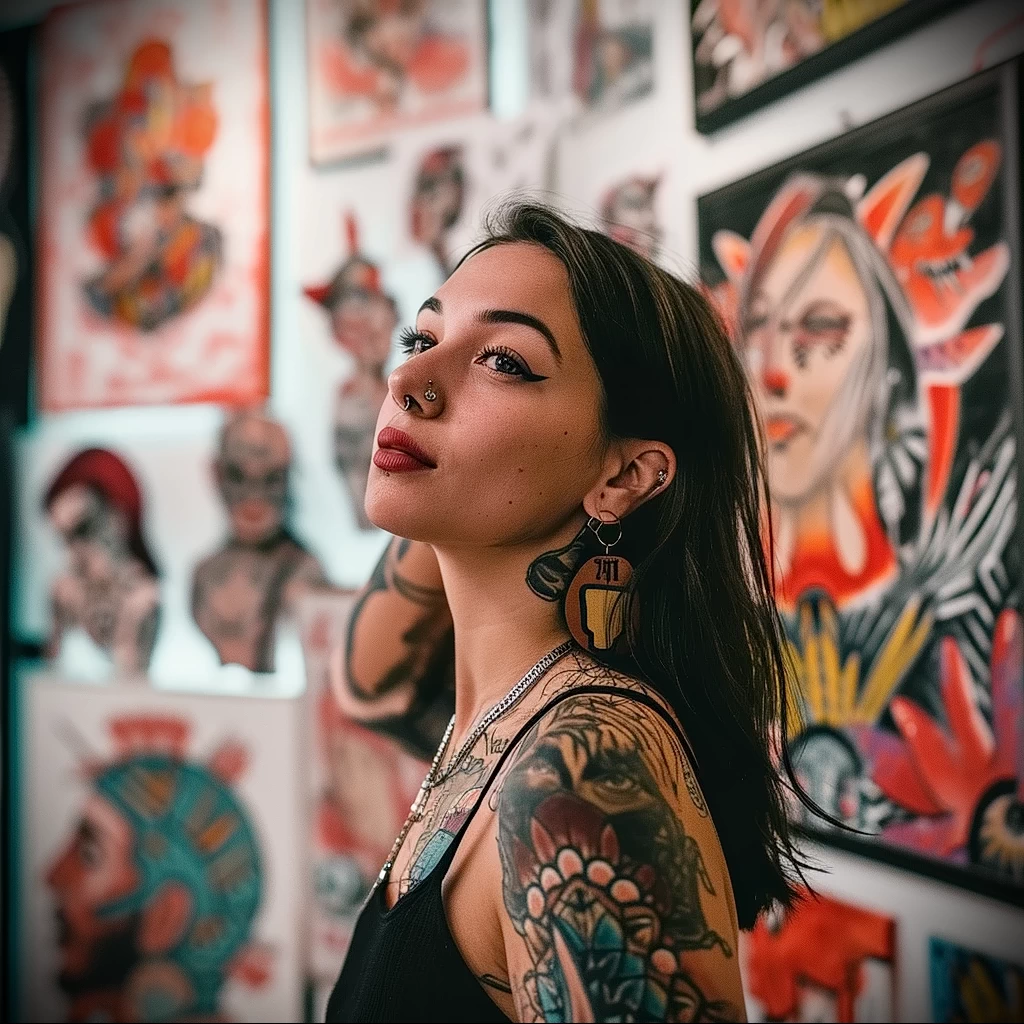What are the best ink colors for tattoos - A beautiful woman admiring a wall of colorful tattoo ec c ac dfef _1_2 - 030124 tattoovalue.net 003