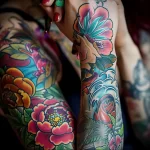 A vibrant full sleeve tattoo featuring a colorful array of peonies, flowers, and a butterfly, in a traditional Japanese style. The tattoo covers the entire arm.