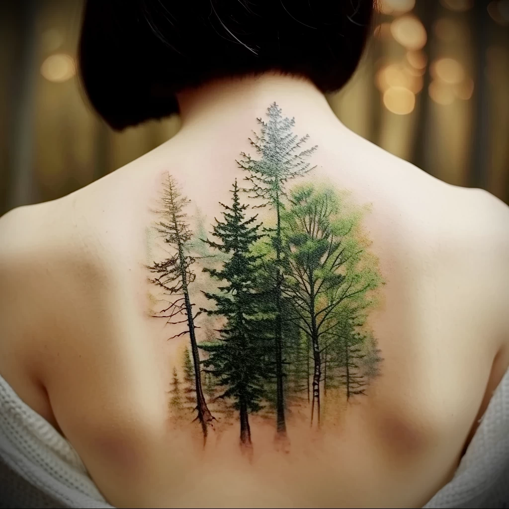 What are the best ink colors for tattoos - A green forest themed tattoo on someones back sty fa ac f bdafec - 030124 tattoovalue.net 048