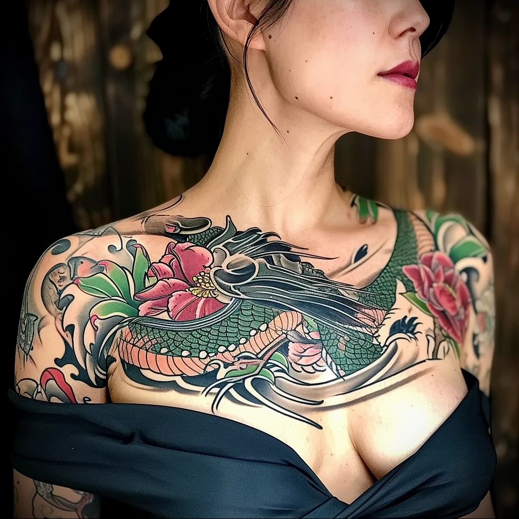 What are the best ink colors for tattoos - A lady with a stunning full color chest tattoo st ceaf a f faba - 030124 tattoovalue.net 074