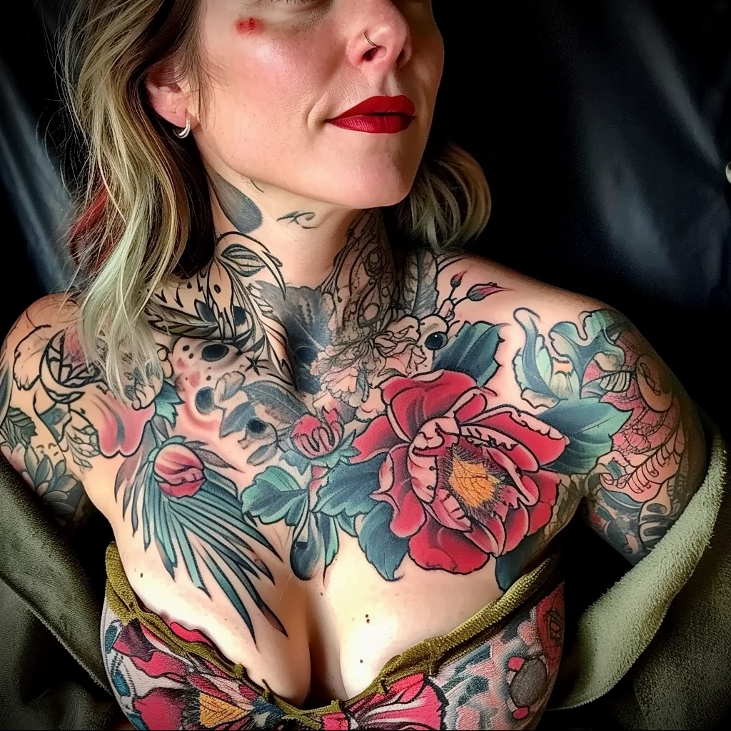 What are the best ink colors for tattoos - A lady with a stunning full color chest tattoo st ceaf a f faba _1 - 030124 tattoovalue.net 075