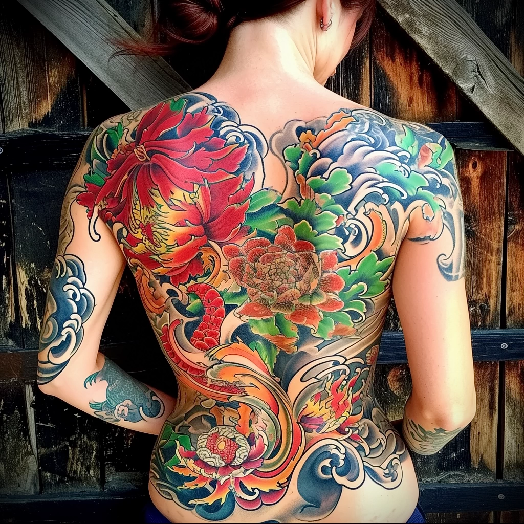 Large-scale Japanese-style back tattoo featuring vibrant peonies, waves, and floral elements. Detailed color work and traditional tattoo art.