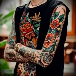 Neo-traditional tattoo sleeve featuring large, colorful flowers, bold outlines, and contrasting shading on the arm.