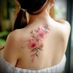 Soft watercolor-style cherry blossom tattoo on the back, featuring pink and green hues. A delicate and feminine tattoo design evoking springtime.