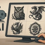 Digital art showcasing four tattoo designs – an owl, dragon, phoenix, and rose – displayed on a computer screen, alongside an AI robot.
