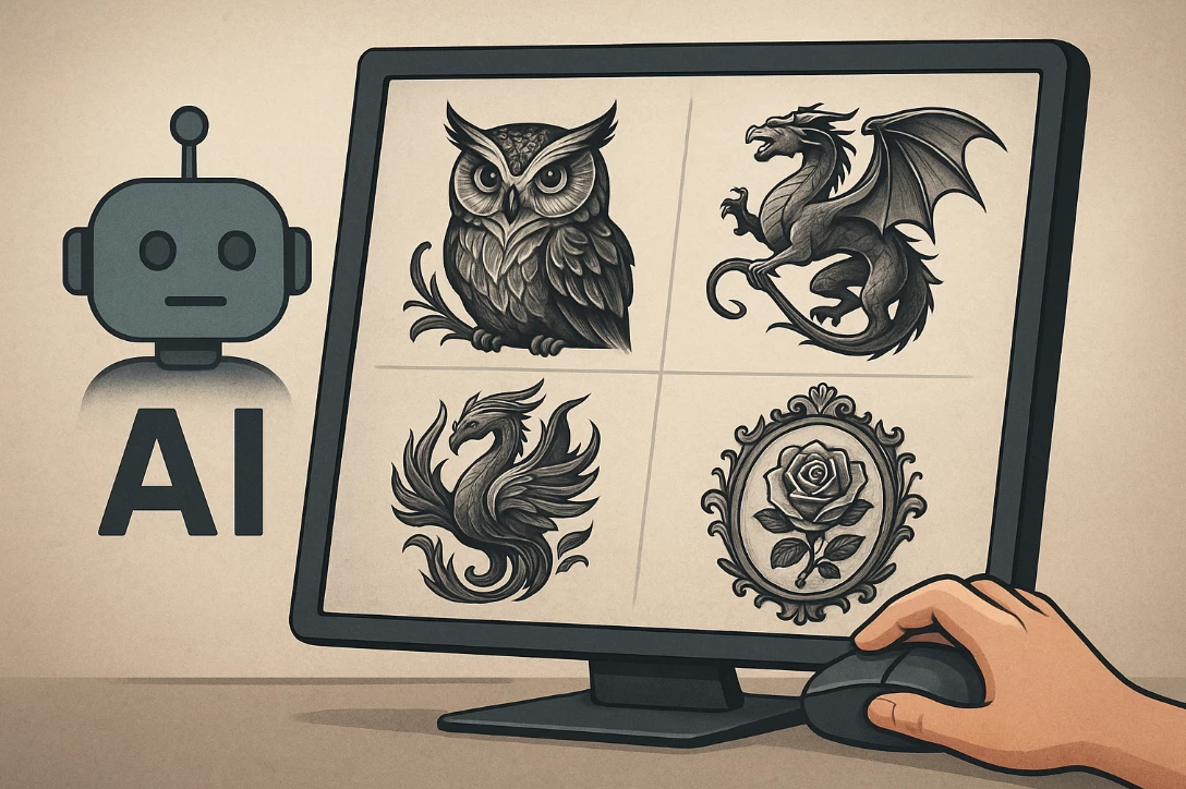 Digital art showcasing four tattoo designs – an owl, dragon, phoenix, and rose – displayed on a computer screen, alongside an AI robot.