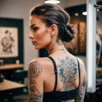 A woman showcasing a large, detailed floral tattoo on her back and shoulder. The style is illustrative with grey scale shading, creating a beautiful and organic design.