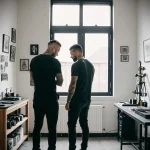 A photograph of two men in a tattoo studio, discussing a tattoo design. The image showcases a modern, minimalist studio setting and the collaborative process.
