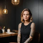 Full sleeve tattoo featuring a mix of geometric patterns, floral elements, and abstract designs. Detailed black and grey ink creates a complex and visually captivating artwork.