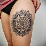 A close-up of a woman's thigh displaying a detailed blackwork mandala tattoo, showcasing intricate geometric patterns and a circular design.