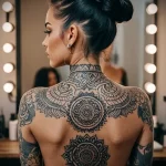 A woman displaying a large, detailed mandala tattoo covering her entire back, extending to her neck and arms, showcasing intricate geometric patterns.
