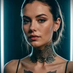 A woman with a sleek hairstyle displaying a detailed black and grey tattoo on her chest and neck, featuring a skull, roses, and wings.