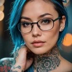 A woman with blue-streaked hair displaying a combination of bold floral tattoos and intricate blackwork designs on her neck, arms, and hands.