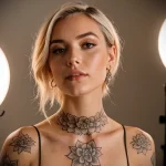 A woman with blonde hair displaying delicate blackwork floral tattoos on her neck, chest, and arms, creating a graceful and elegant look.