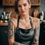 A woman wearing an apron with colorful neo-traditional tattoos covering her arms, featuring roses and other floral elements.