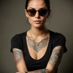 A woman with dark sunglasses displaying a large, detailed owl tattoo across her chest, complemented by sleeve tattoos on both arms.