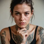 A close-up portrait of a woman with intricate blackwork tattoos adorning her neck, arms, and chest, featuring floral motifs and geometric patterns.