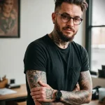 A portrait of a bearded man with extensive black ink tattoos covering his forearms and neck, showcasing detailed illustrative designs and a strong masculine aesthetic.