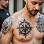 Black ink compass tattoo on a man's chest, with additional geometric designs on the shoulders. Bold lines and symmetrical design.