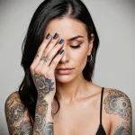 Black and grey floral and geometric tattoo sleeve on a woman's arm. Detailed shading and intricate patterns create a balanced design.