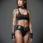 Black ink Japanese-style sleeve tattoo featuring koi fish and floral elements on a woman's arm. Detailed shading and dynamic composition.