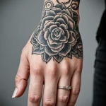 Detailed black and grey rose tattoo on a woman's hand, extending to the wrist. Realistic shading and delicate petal work.