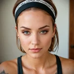 Black ink tribal tattoo band encircling a woman's forehead, a unique headpiece style. Detailed linework and bold design on fair skin.