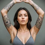 A woman with full floral sleeve tattoos on both arms, showcasing intricate designs and a vibrant artistic expression.