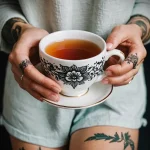 A woman holding a cup of tea with delicate floral tattoos on her hands and legs, creating a serene and artistic scene.