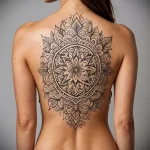 A detailed blackwork mandala tattoo covering a woman's back, showcasing geometric precision and spiritual symbolism.