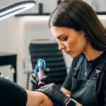 A focused female tattoo artist working on a client, showcasing her skill and dedication in a modern tattoo studio setting.