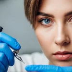 A close-up portrait of a woman's face as a tattoo artist begins work, showcasing the precision and intimacy of the tattooing process.