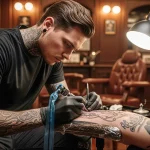 A close-up shot of a male tattoo artist intensely focused on tattooing a client, showcasing detailed ink work and a traditional tattoo shop setting.