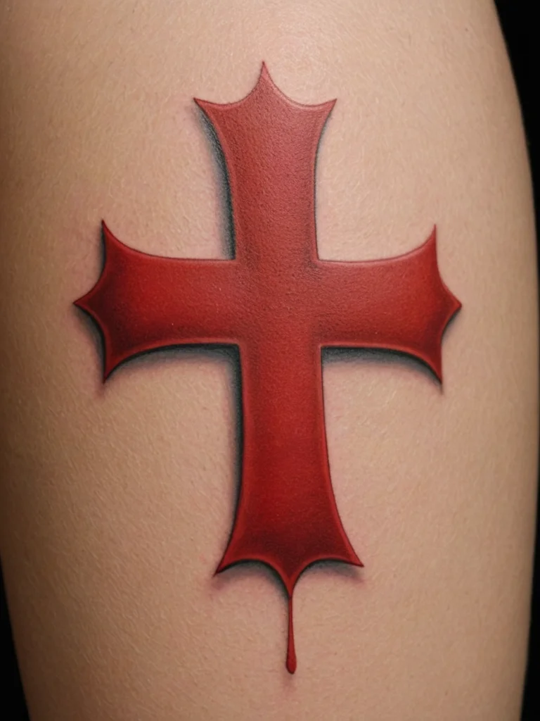 Bold red ink tattoo of a classic cross shape with a dripping effect, simple yet striking design, calf placement.