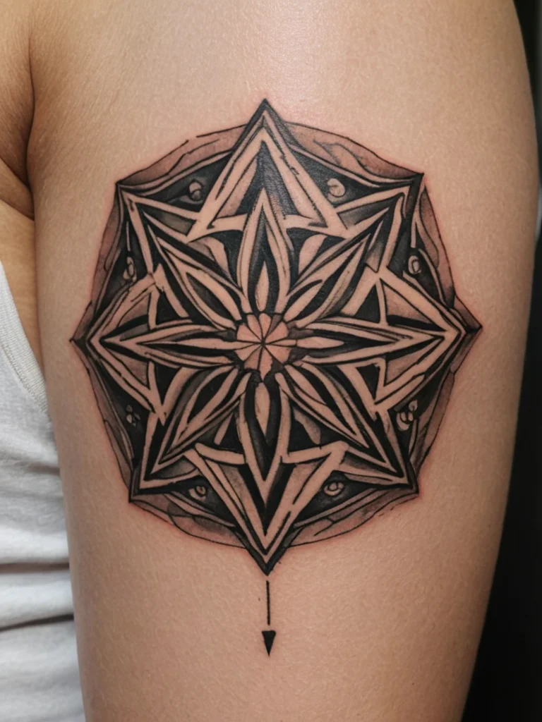 Blackwork mandala tattoo with geometric patterns and a downward-pointing arrow on the upper arm. Intricate linework and symmetrical design.