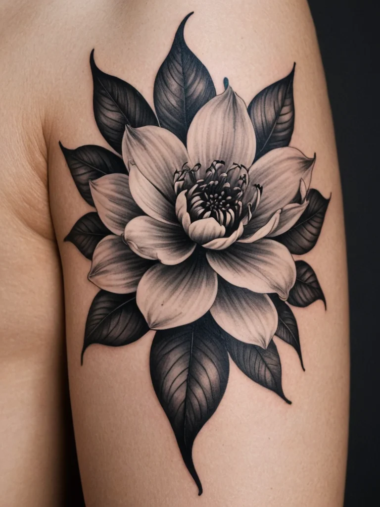 Black and grey realism tattoo of a magnolia flower with detailed petals and leaves on the upper arm. Soft shading and elegant design.