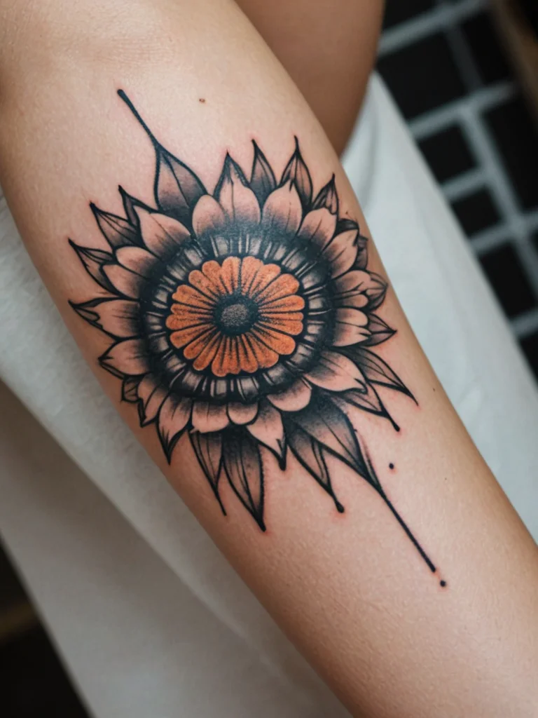 Blackwork sunflower tattoo on the inner forearm, featuring geometric patterns, bold lines, and a minimalist aesthetic.