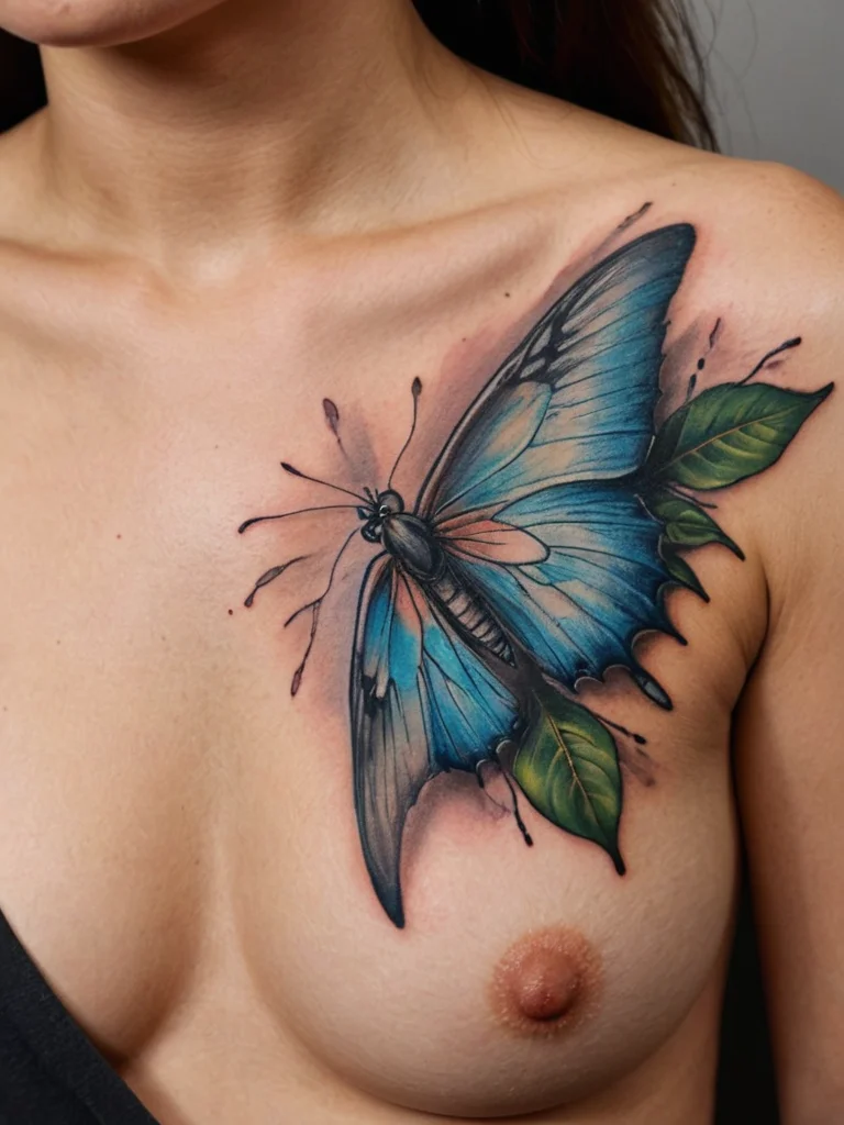Vibrant blue butterfly tattoo with detailed wings and green leaves, placed on the upper chest, showcasing a neo-traditional style.