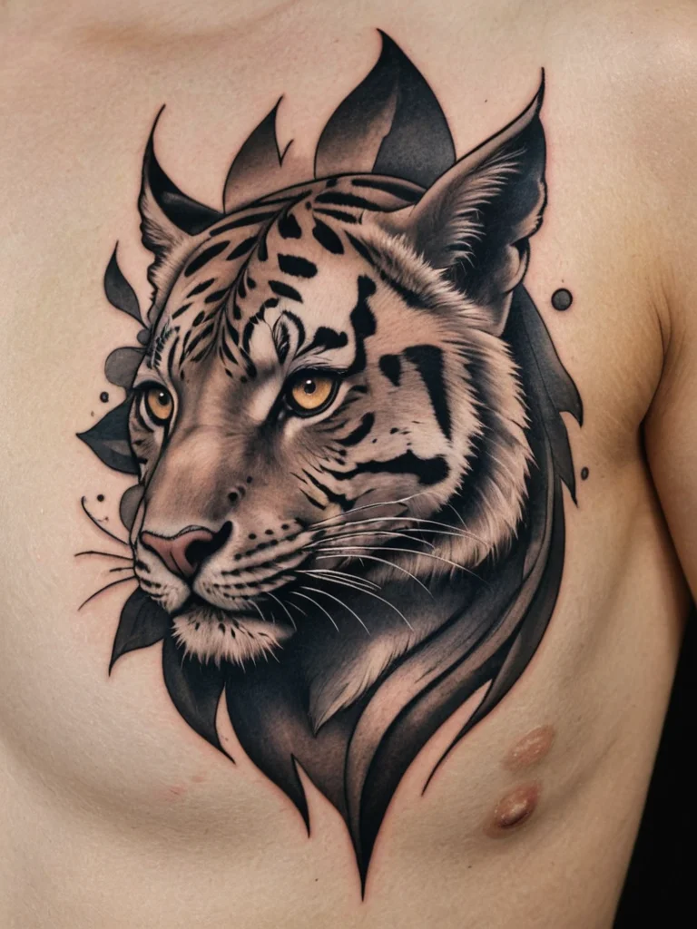 A black and grey tattoo of a white tiger's head and shoulders on a man's chest, featuring intricate details and bold linework.