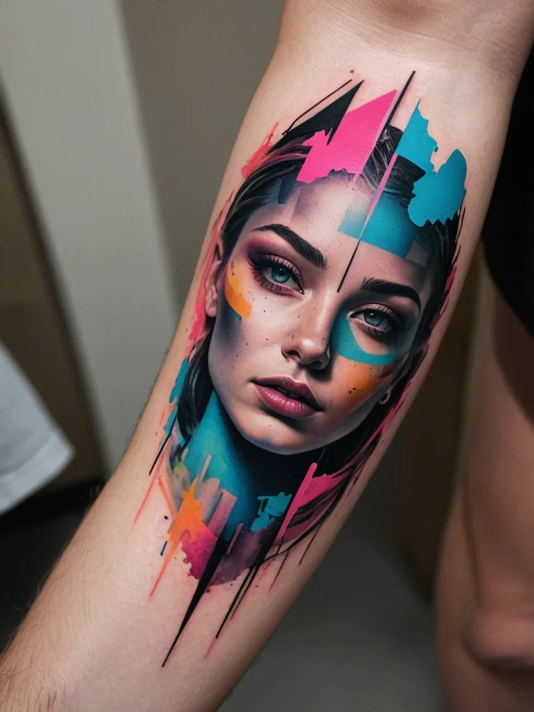 Watercolor style portrait tattoo, vibrant colors, abstract shapes, forearm placement, modern tattoo design.