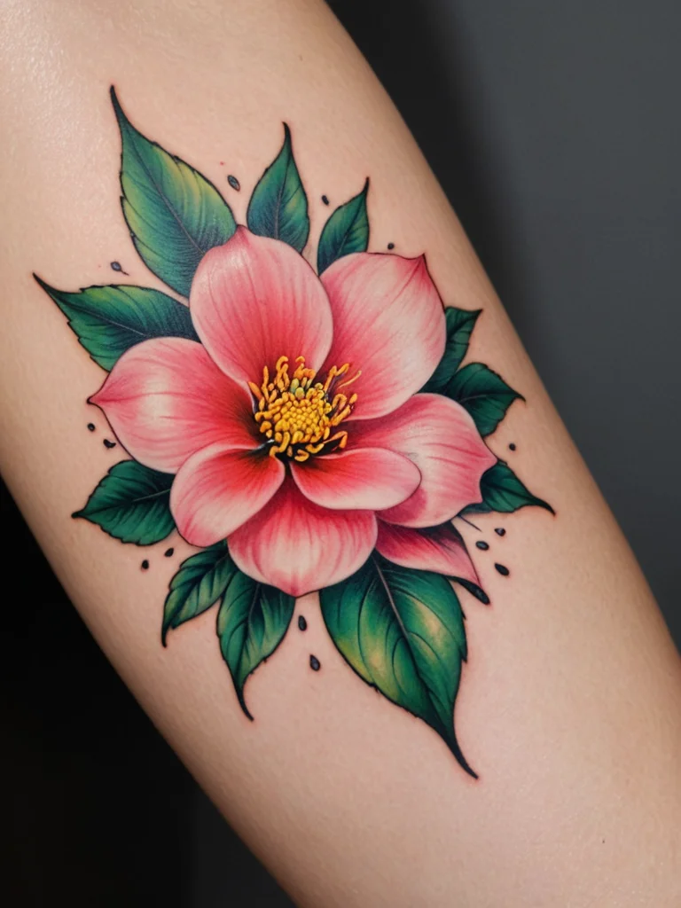 Neo-traditional floral tattoo featuring a pink magnolia blossom with green leaves, placed on the outer thigh.