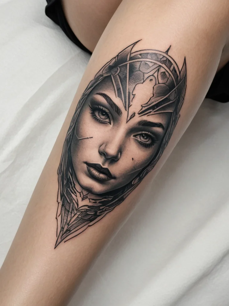 Black and grey portrait tattoo of an elven warrior with intricate headpiece, on the calf, showcasing realism and detail.