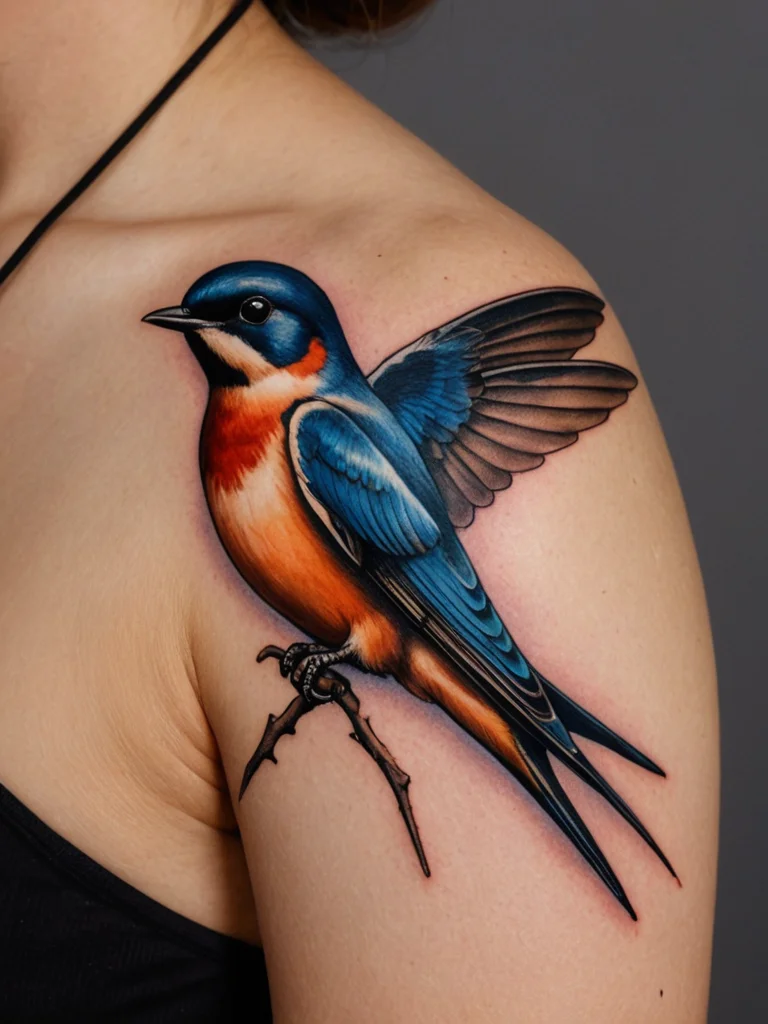 Colorful swallow tattoo design on shoulder, featuring realistic feather detail, neo-traditional style, and vibrant orange and blue hues.
