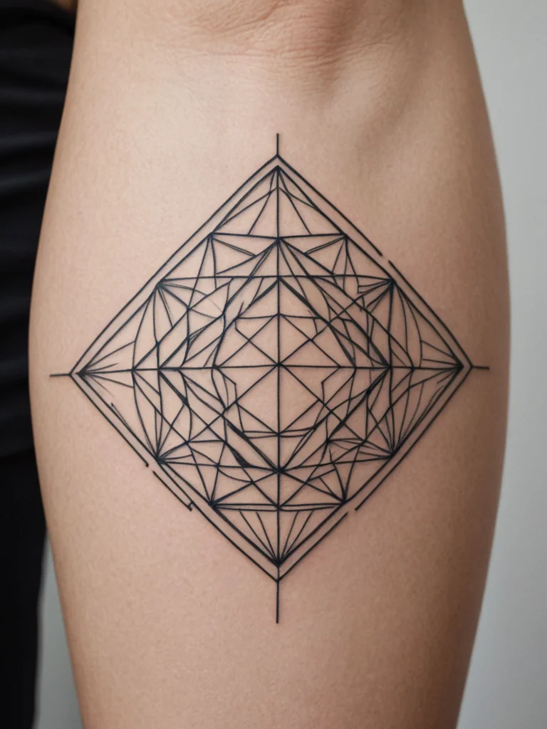 Black linework geometric diamond tattoo on the calf, featuring intricate internal patterns and a minimalist aesthetic.
