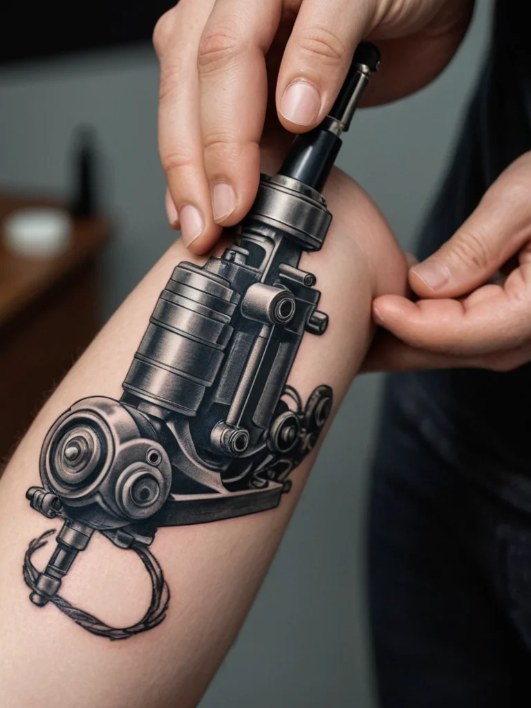 Realistic black and grey tattoo of a tattoo machine on a forearm, showcasing detailed mechanical components and a classic tattoo style.