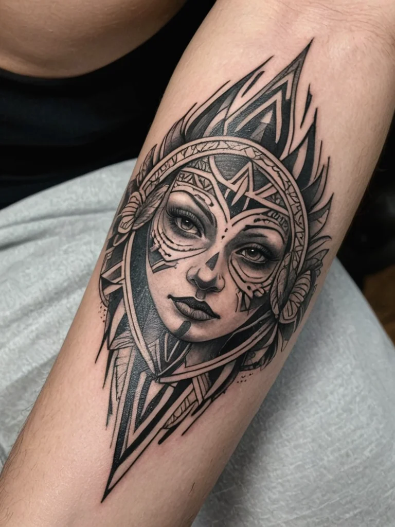 Blackwork tattoo featuring a portrait of a Native American woman with geometric patterns and tribal designs on the forearm.