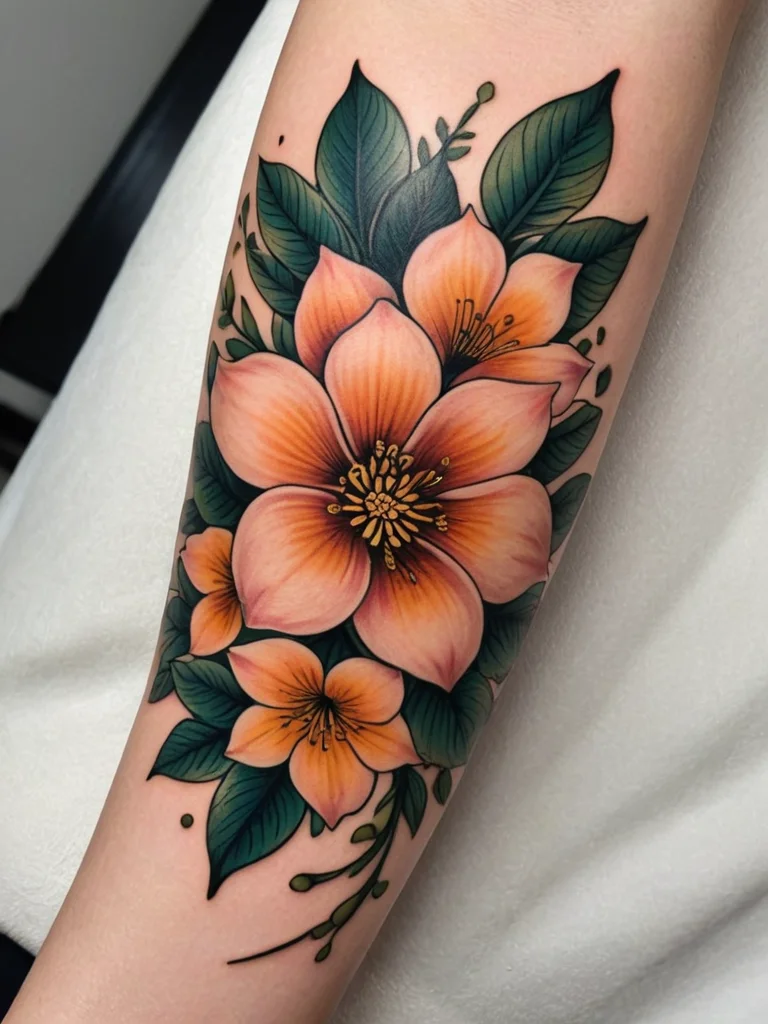 Neo-traditional floral tattoo on the forearm, featuring orange and blue flowers with green leaves, bold outlines, and vibrant colors.